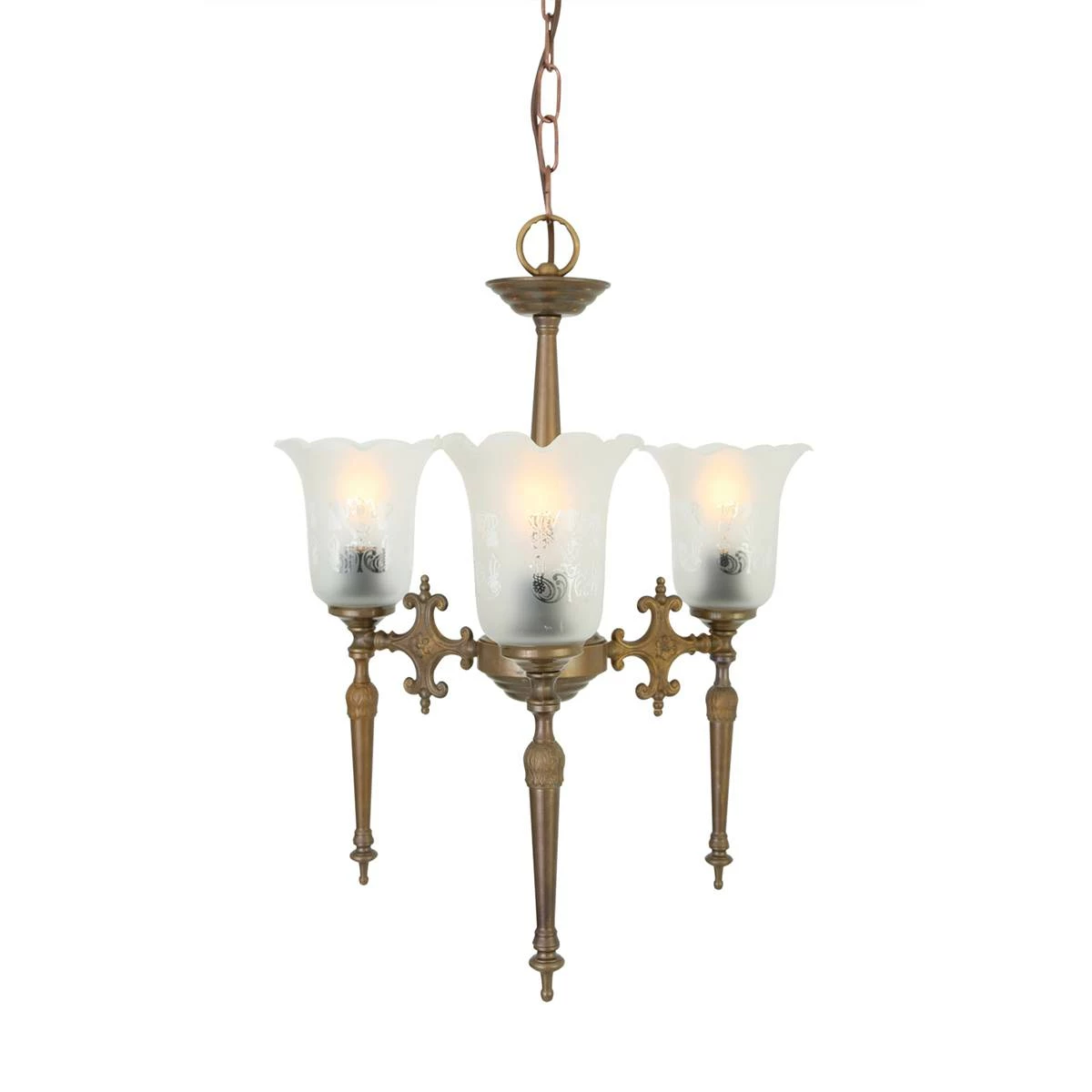 Allen Traditional Brass / Glass Chandelier, Three-Arm 3 Allen Traditional Brass / Glass Chandelier, Three-Arm