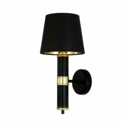 Kangos Polished Brass And Black Pillar Wall Light With Fabric Shade