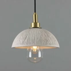 Kingii Ceramic Dome Bathroom Pendant Light 7.87", Matte White Striped IP44 -Home-Lighting Sale mlcmbp026satbrs