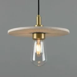 Bog Oak Organic Ceramic Disc Bathroom Pendant Light 11", Matte White Striped IP44