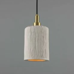 Senna Organic Ceramic Cylinder Bathroom Pendant Light 4.7", Matte White Striped IP44 -Home-Lighting Sale mlcmbp031satbrs