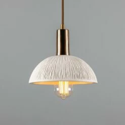 Kauri Organic Ceramic Dome Pendant Light 7.9", Matte White Striped -Home-Lighting Sale mlcmp027antbrs