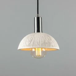 Kauri Organic Ceramic Dome Pendant Light 7.9", Matte White Striped -Home-Lighting Sale mlcmp027antslv 4