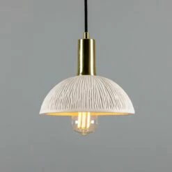 Kauri Organic Ceramic Dome Pendant Light 7.9", Matte White Striped -Home-Lighting Sale mlcmp027polbrs
