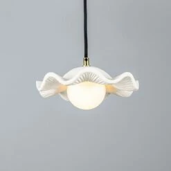 Rivale Pendant Light With Wavy Ceramic Shade, Matte White Striped
