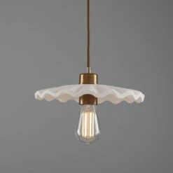 Kapok Organic Ceramic Pendant Light 10.6", Matte White Striped -Home-Lighting Sale mlcmp078antbrs