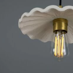 Kapok Organic Ceramic Pendant Light 10.6", Matte White Striped -Home-Lighting Sale mlcmp078satbrs 3