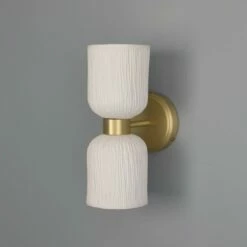 Sakura Double Ceramic And Brass Wall Light, Matte White Striped