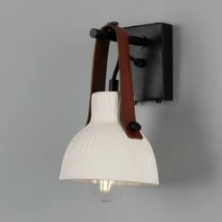 Nagi Organic Ceramic Wall Light With Rescued Fire-Hose Strap, Matte White Striped