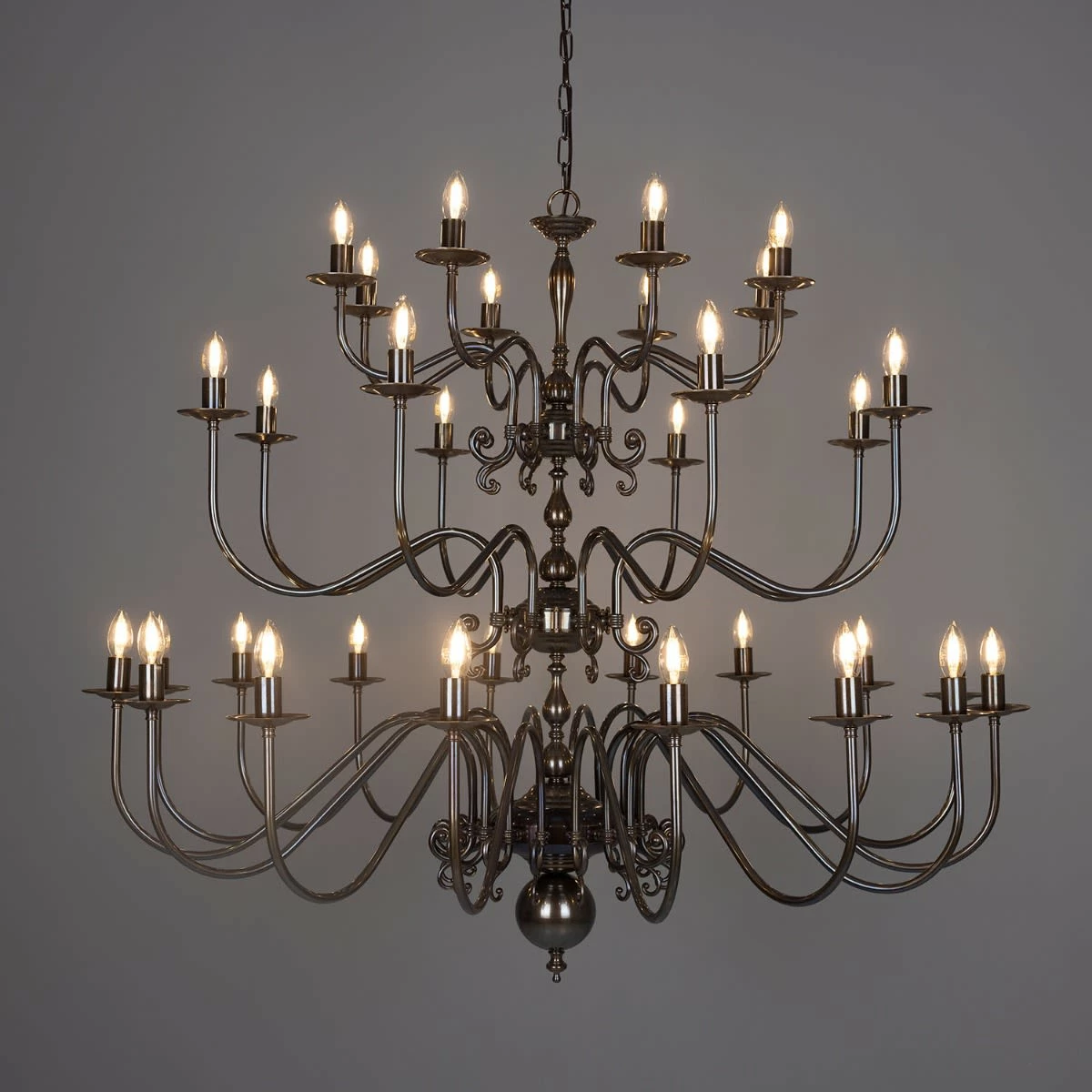 Flemish Candle-Style Brass Three-Tier Chandelier, 32-Light 3 Flemish Candle-Style Brass Three-Tier Chandelier, 32-Light