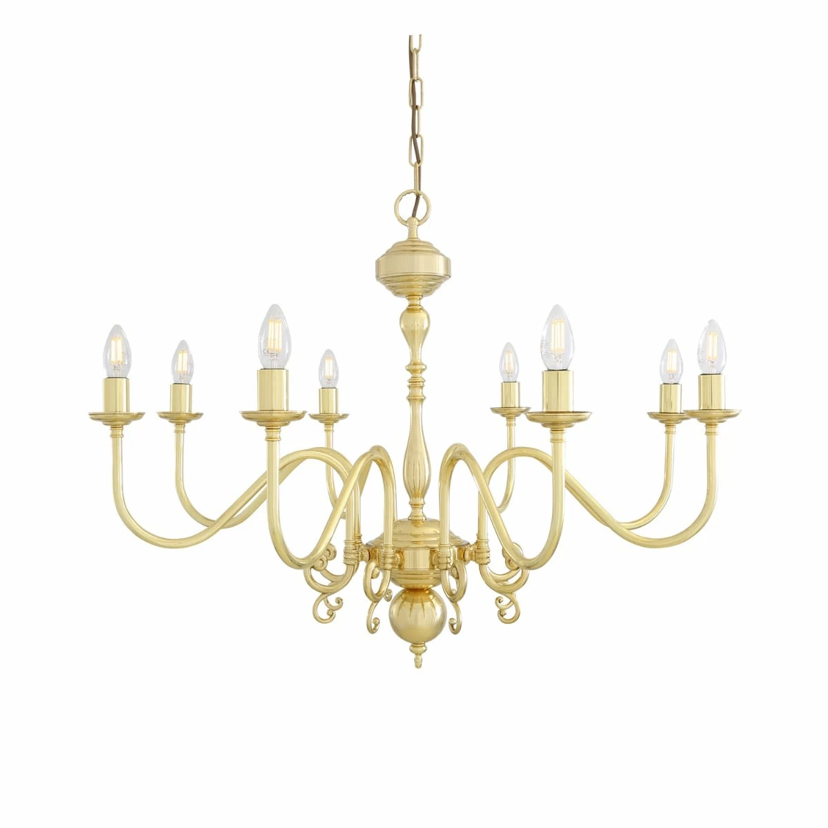 Flemish Candle-Style Brass Single Tier Chandelier, Eight-Light 3 Flemish Candle-Style Brass Single Tier Chandelier, Eight-Light