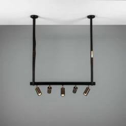 Holmes Linear Island Pendant With Leather Straps, Five-Light -Home-Lighting Sale mlf352pcmbkantbrs 2