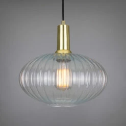 Neith Oval Reeded Glass And Brass Pendant 11.8"