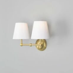 Busan Modern Brass Double Wall Light With Fabric Shades